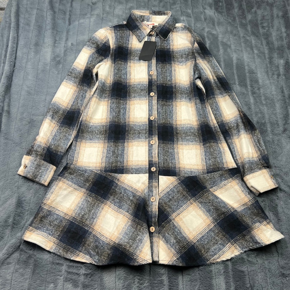 Mazik Plaid Wool Blend Drop Waist Ruffle Shirt Dress Blue Tan MK5776 Small NWT
